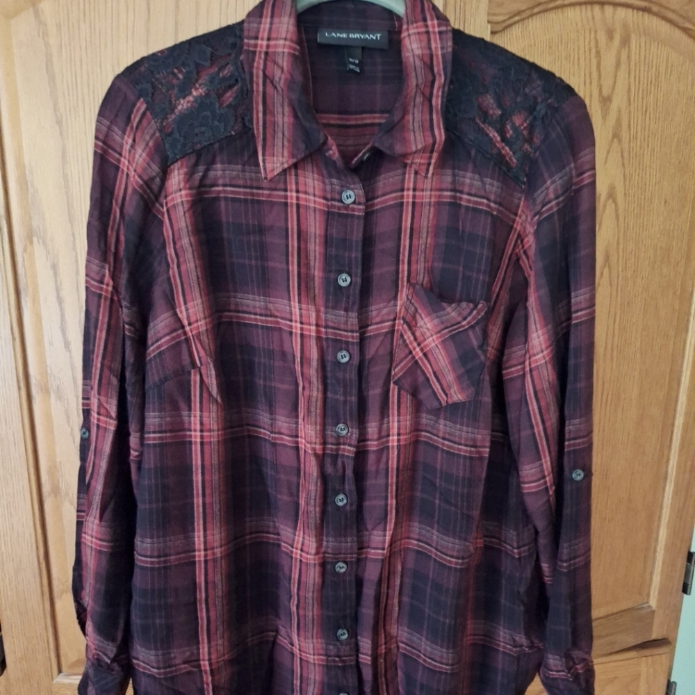 Lane Bryant Plaid Red Black Lace Loose Fit Button Down Long Sleeve Size …